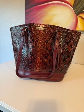 Brahmin Red Snake-Print Tote Bag with Tassel